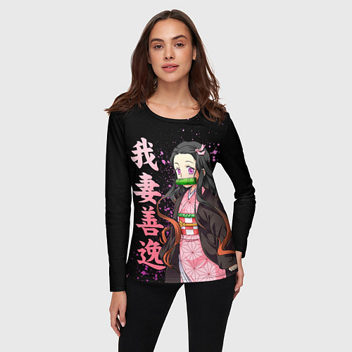 Женский лонгслив Незуко комадо и иероглифы - клинок / 3D-принт – фото 3