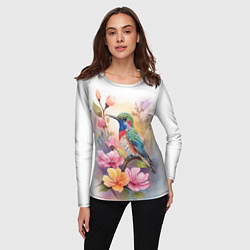 Лонгслив женский Колибри и цветы - акварель, цвет: 3D-принт — фото 2