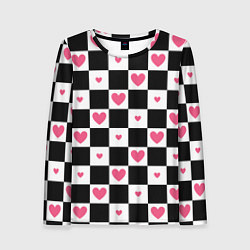 Женский лонгслив Розовые сердечки на фоне шахматной черно-белой дос