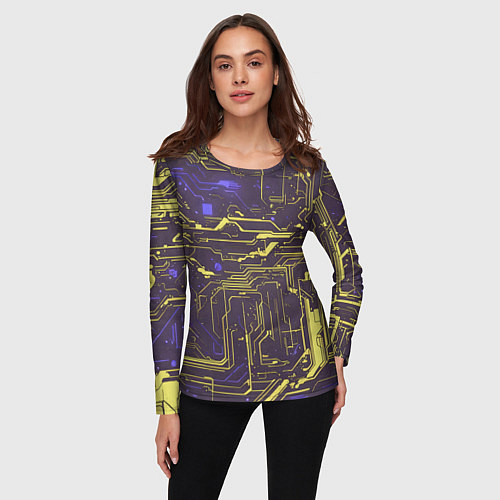 Женский лонгслив Кибер схемы Жёлтый и фиолетовый / 3D-принт – фото 3