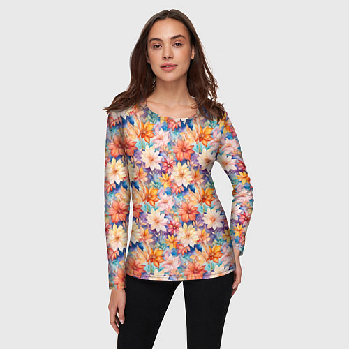 Женский лонгслив Цветочный акварельный узор / 3D-принт – фото 3