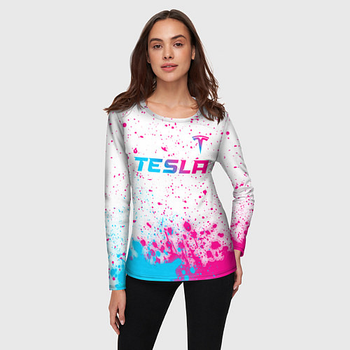 Женский лонгслив Tesla neon gradient style: символ сверху / 3D-принт – фото 3