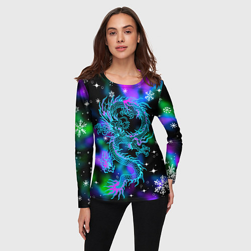 Женский лонгслив Неоновый дракон в снежинках / 3D-принт – фото 3