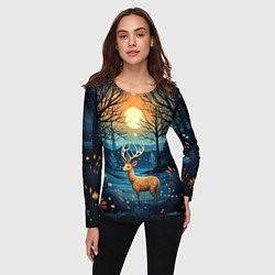 Лонгслив женский Олень в ночном лесу фолк-арт, цвет: 3D-принт — фото 2