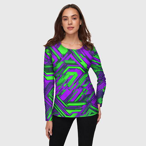Женский лонгслив Кибкрпанк полосы фиолетовые и зелёные / 3D-принт – фото 3