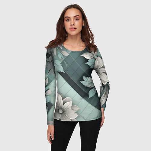 Женский лонгслив Мятная клетка и цветы / 3D-принт – фото 3