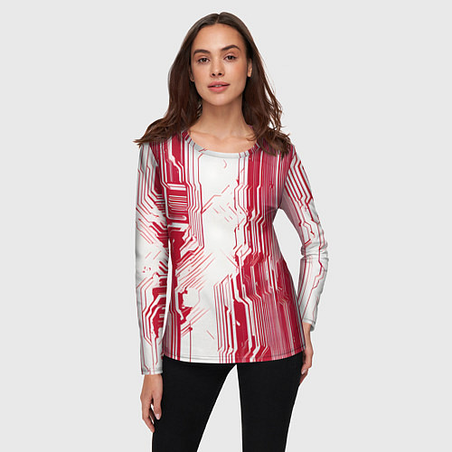 Женский лонгслив Красные линии на белом фоне киберпанк / 3D-принт – фото 3