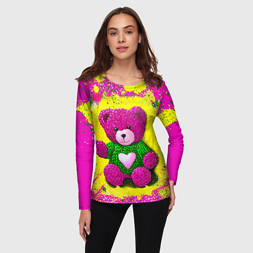 Женский лонгслив Розовый мишка в вязаном свитере / 3D-принт – фото 3