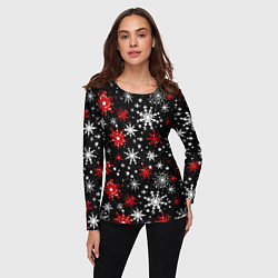 Лонгслив женский Белые и красные снежинки на черном фоне - нейросет, цвет: 3D-принт — фото 2