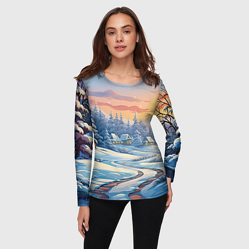 Женский лонгслив Новогодний пейзаж зимний / 3D-принт – фото 3