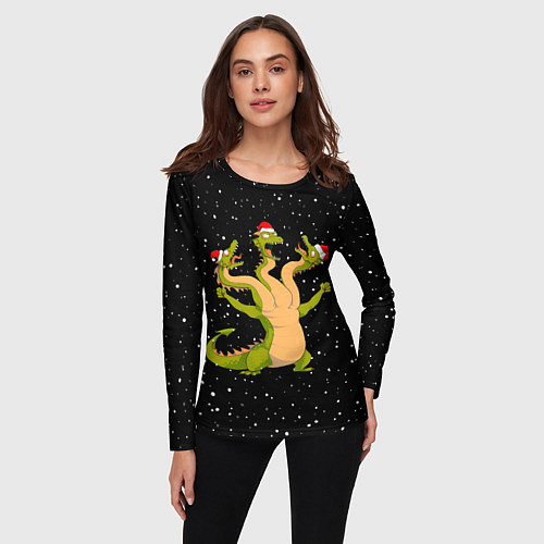 Женский лонгслив Горыныч в новогодних шапках / 3D-принт – фото 3