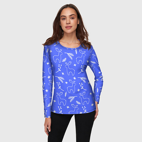 Женский лонгслив Синий рождественский принт с оленями / 3D-принт – фото 3