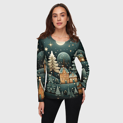 Женский лонгслив Снежная деревня в праздничном наряде / 3D-принт – фото 3
