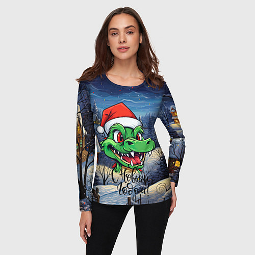 Женский лонгслив Милый зеленый дракончик 2024 / 3D-принт – фото 3
