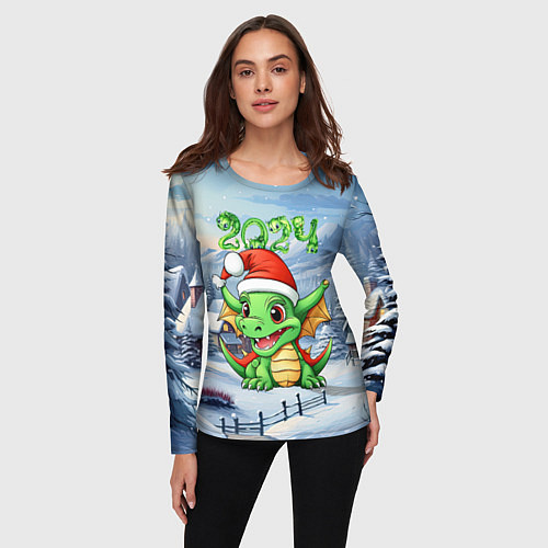 Женский лонгслив Милый зеленый дракончик 2024 / 3D-принт – фото 3