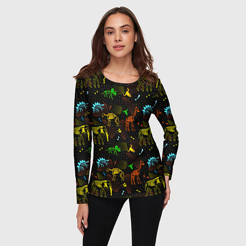 Женский лонгслив Скелеты динозавров неон / 3D-принт – фото 3