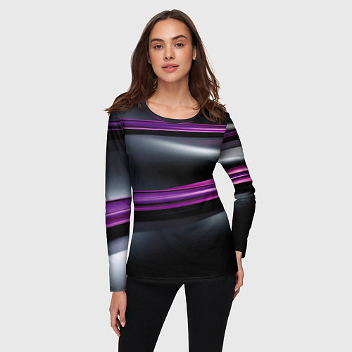Женский лонгслив Фиолетовые полосы на черном фоне / 3D-принт – фото 3