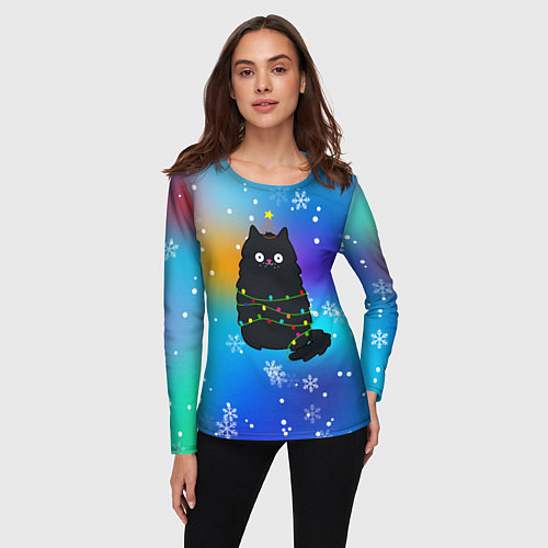 Женский лонгслив Новогодний котик и снежинки / 3D-принт – фото 3