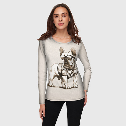 Женский лонгслив Французский бульдог в очках и рубашке / 3D-принт – фото 3