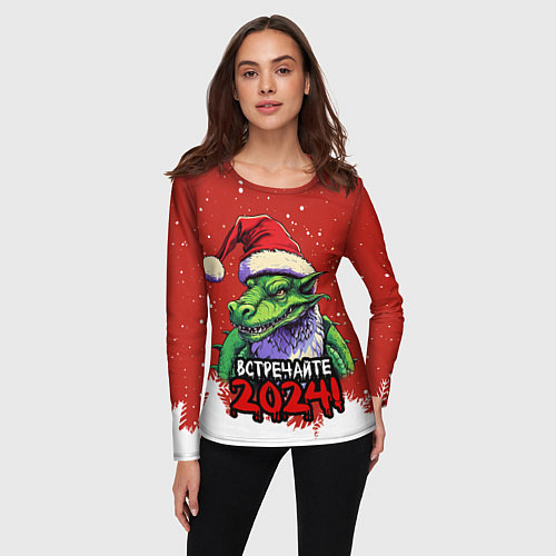 Женский лонгслив Встречайте 2024 год зеленого дракона / 3D-принт – фото 3
