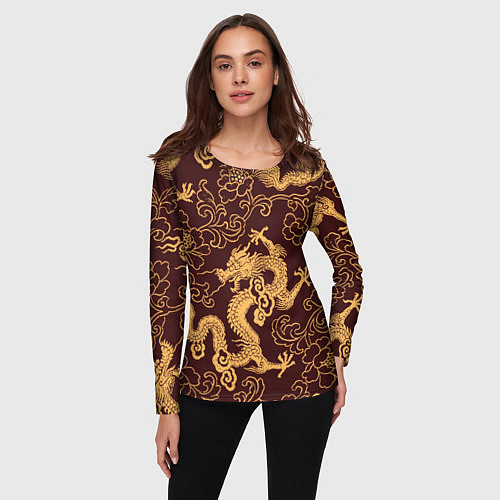 Женский лонгслив Черно-золотая гравюра дракона / 3D-принт – фото 3