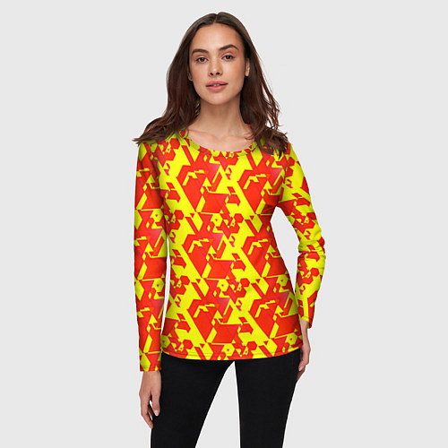Женский лонгслив Красные фигуры на жёлтом фоне / 3D-принт – фото 3