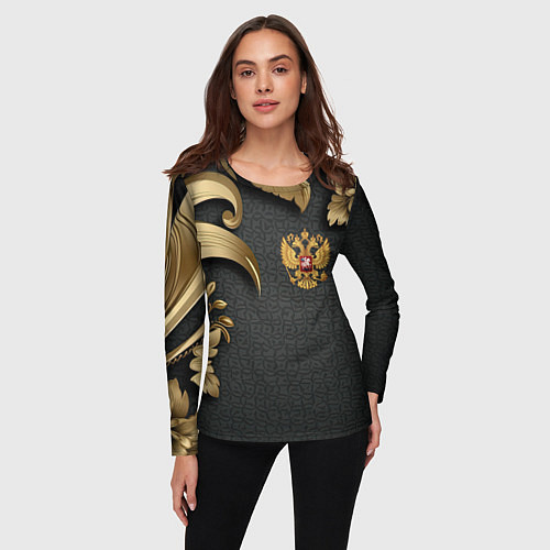 Женский лонгслив Золотой герб России и объемные узоры / 3D-принт – фото 3