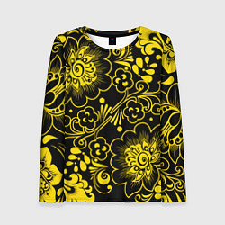 Лонгслив женский Хохломская роспись золотые цветы на чёроном фоне, цвет: 3D-принт