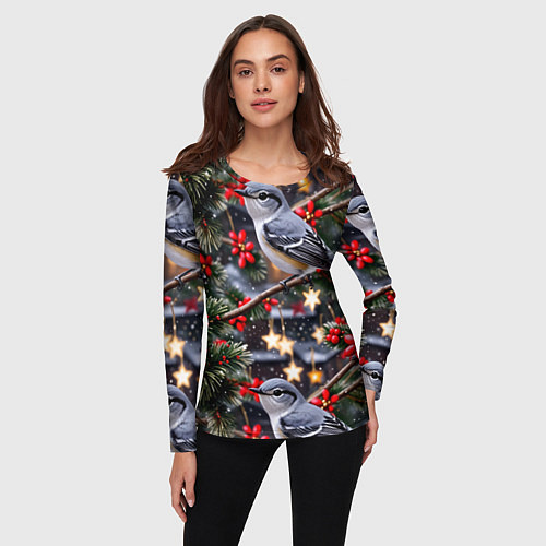 Женский лонгслив Рождественская птица пересмешник / 3D-принт – фото 3