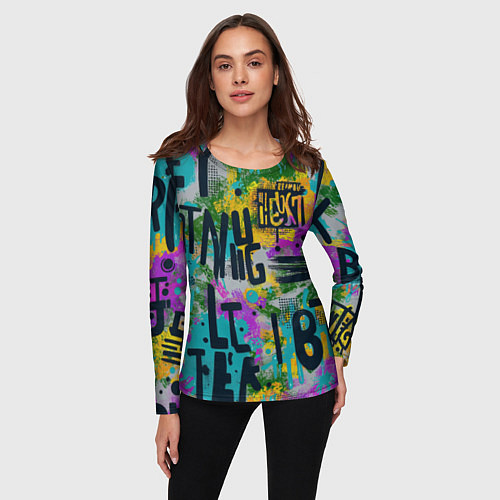 Женский лонгслив Загадочный абстрактный текст на ярком фоне / 3D-принт – фото 3