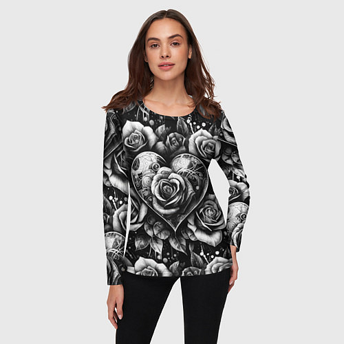 Женский лонгслив Черно белое сердце и розы / 3D-принт – фото 3
