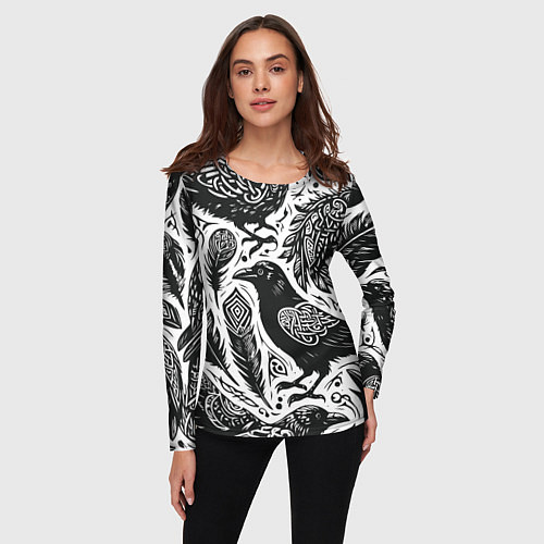 Женский лонгслив Черные вороны руны паттерн / 3D-принт – фото 3