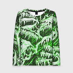 Женский лонгслив Белые клыки на зелёном фоне