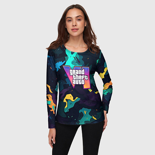 Женский лонгслив GTA 6 logo яркий неоновый камуфляжный стиль / 3D-принт – фото 3