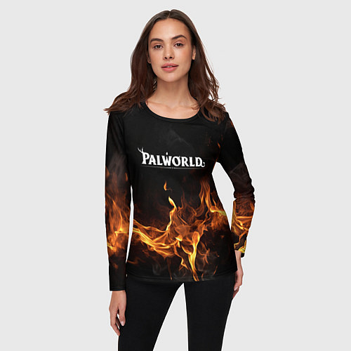 Женский лонгслив Palworld логотип на черном фоне с огнем / 3D-принт – фото 3