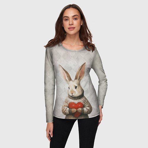 Женский лонгслив Влюблённый кролик в свитере с сердцем / 3D-принт – фото 3