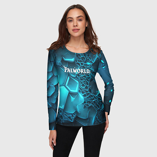Женский лонгслив Palworld логотип на ярких синих неоновых плитах / 3D-принт – фото 3