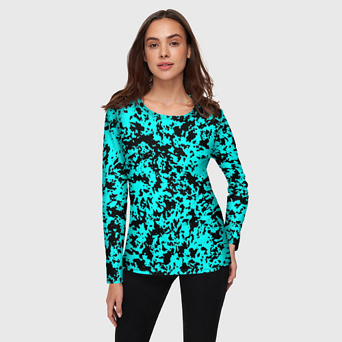 Женский лонгслив Пятнистый яркий чёрно-голубой / 3D-принт – фото 3