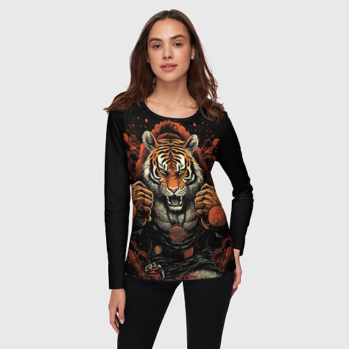 Женский лонгслив Муай- Тай тигр в стойке боевые искусства / 3D-принт – фото 3