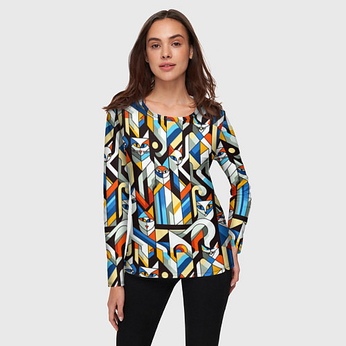 Женский лонгслив Узор с котами / 3D-принт – фото 3