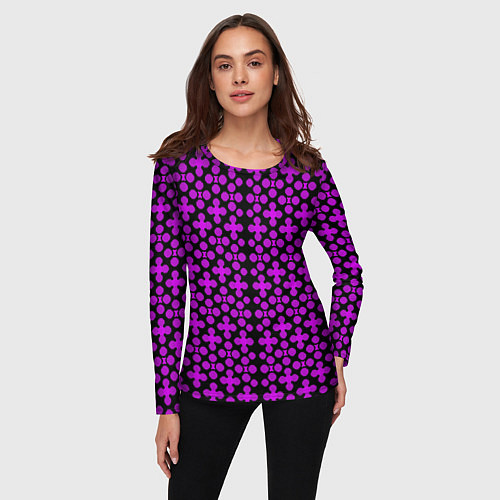 Женский лонгслив Розовые четырёхлистники на чёрном фоне / 3D-принт – фото 3