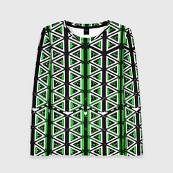 Лонгслив женский Бело-зелёные треугольники на чёрном фоне, цвет: 3D-принт