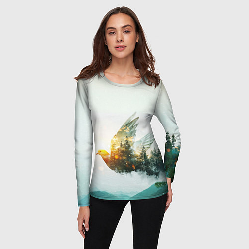 Женский лонгслив Летящий голубь и лес эффект двойной экспозиции / 3D-принт – фото 3