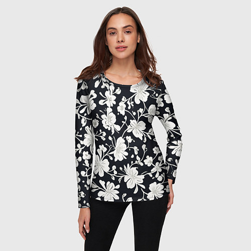 Женский лонгслив Патерн белых цветов на черном фоне / 3D-принт – фото 3