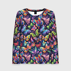 Лонгслив женский Бабочки в паттерне разноцветный яркий фон, цвет: 3D-принт