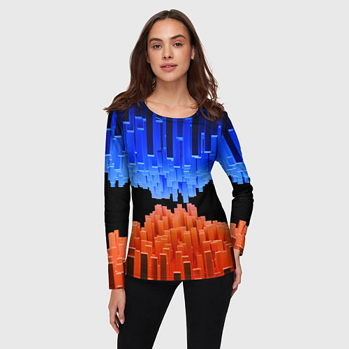 Женский лонгслив Стягивающиеся в центре синие и оранжевые блоки / 3D-принт – фото 3