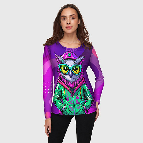 Женский лонгслив Модная сова на фиолетовом / 3D-принт – фото 3