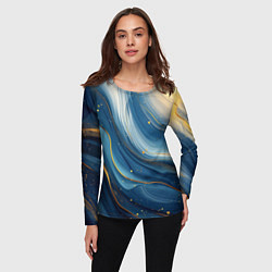 Лонгслив женский Золотая волнистая текстура на синей ткани, цвет: 3D-принт — фото 2
