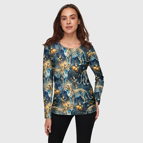 Женский лонгслив Леопард и золотые капли на синем фоне / 3D-принт – фото 3