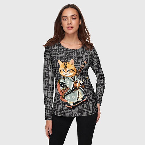 Женский лонгслив Котенок самурай на скейтборде / 3D-принт – фото 3